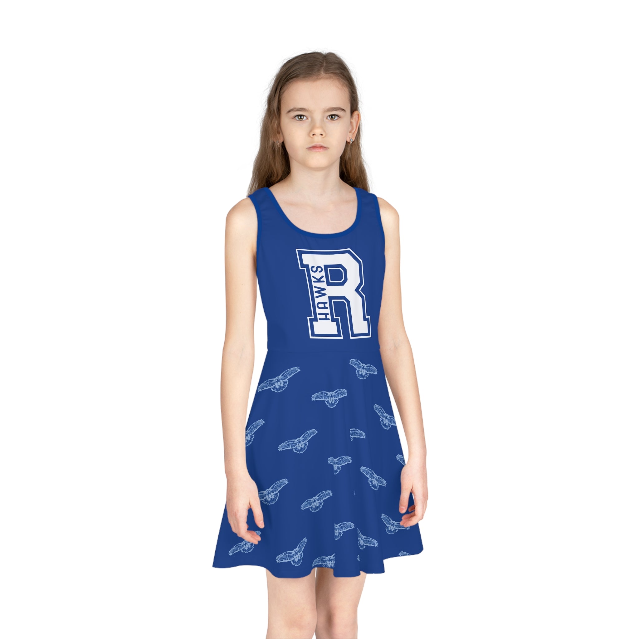 Blue Hawks Print Girls' Sundress, Summer Dress, Cheerful Outfit, Kids Party Dress, Birthday Gift, Playful Dress, Team Spirit Dress