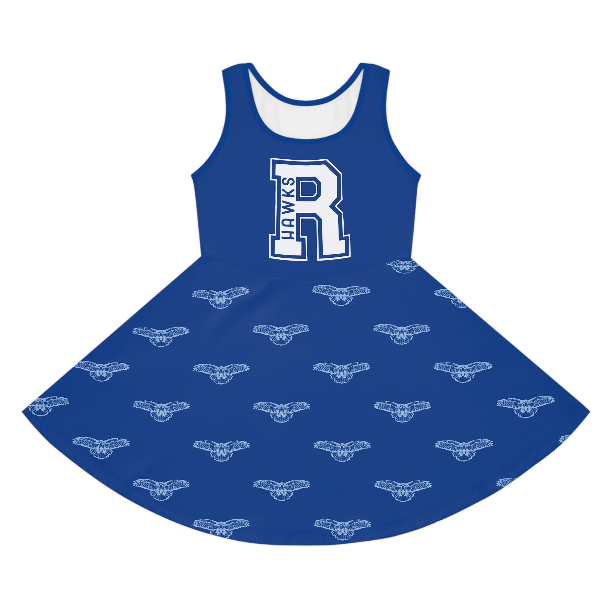 Blue Hawks Print Girls' Sundress, Summer Dress, Cheerful Outfit, Kids Party Dress, Birthday Gift, Playful Dress, Team Spirit Dress